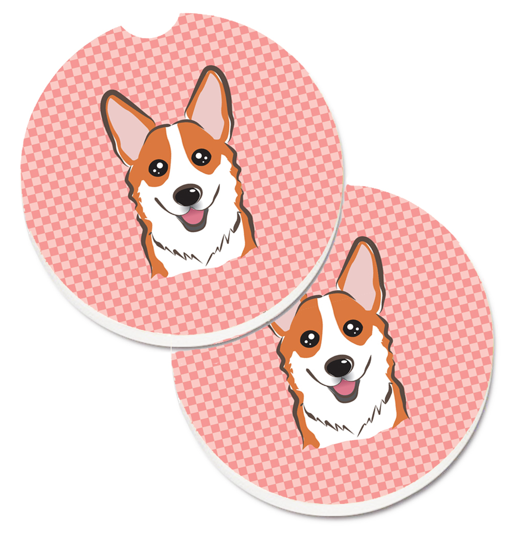 Checkerboard Pink Corgi Set of 2 Cup Holder Car Coaster