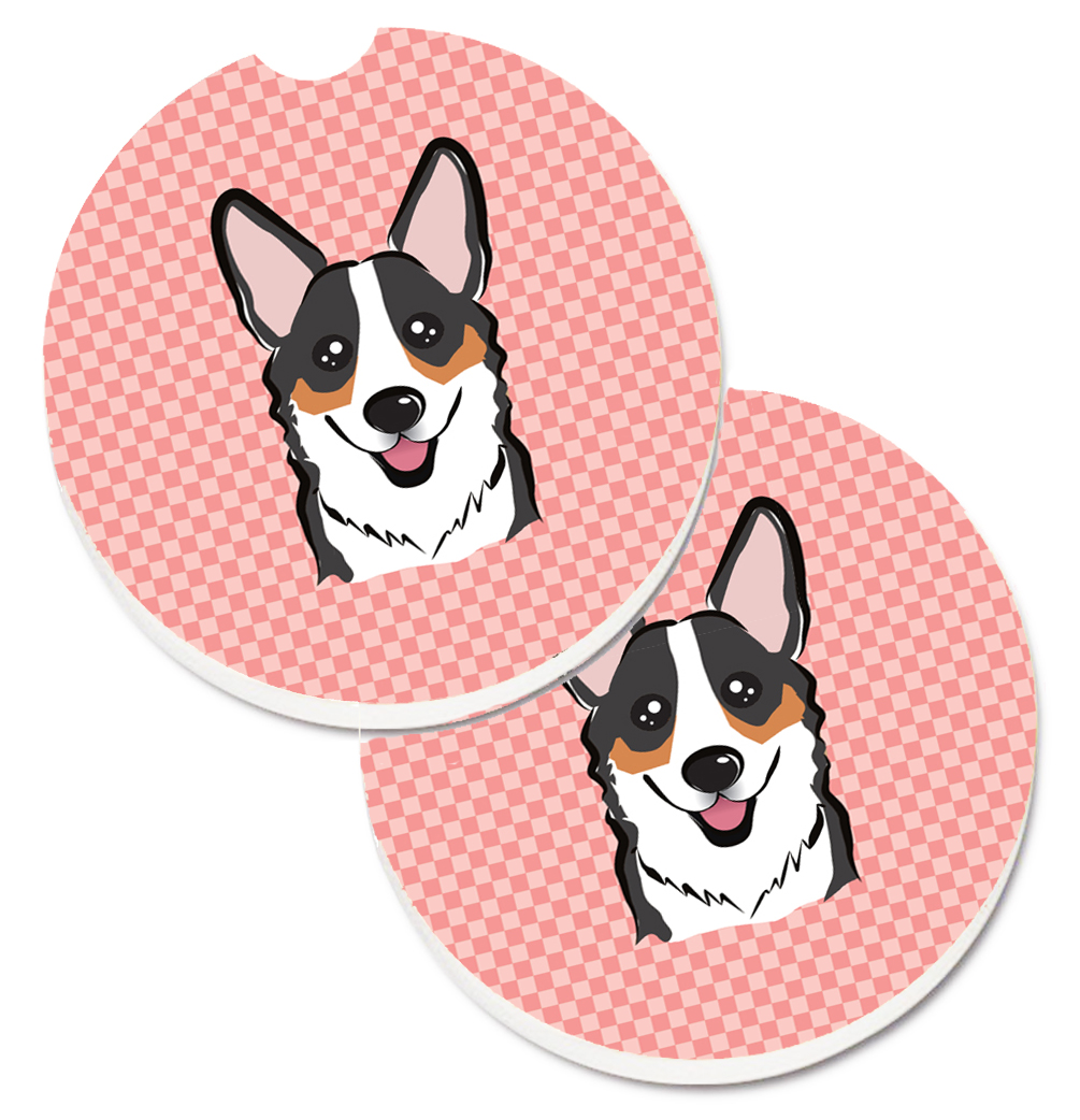 Checkerboard Pink Corgi Set of 2 Cup Holder Car Coaster
