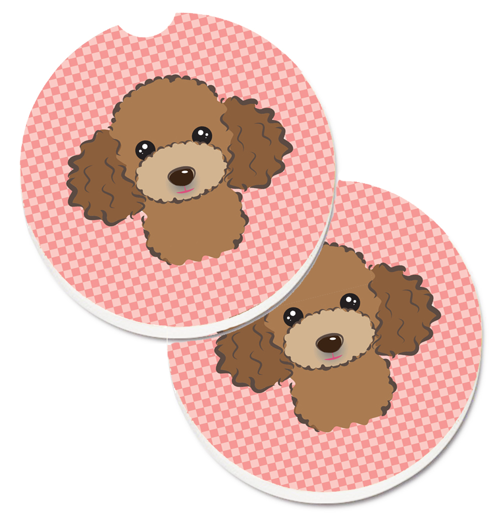 Checkerboard Pink with Chocolate & Brown Poodle Set of 2 Cup Holder Car Coaster
