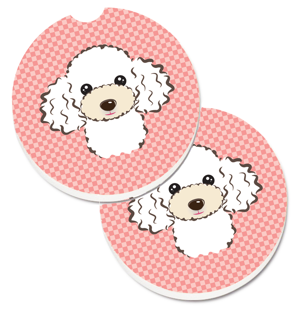 BB1257CARC Checkerboard Pink & White Poodle Set of 2 Cup Holder Car Coaster
