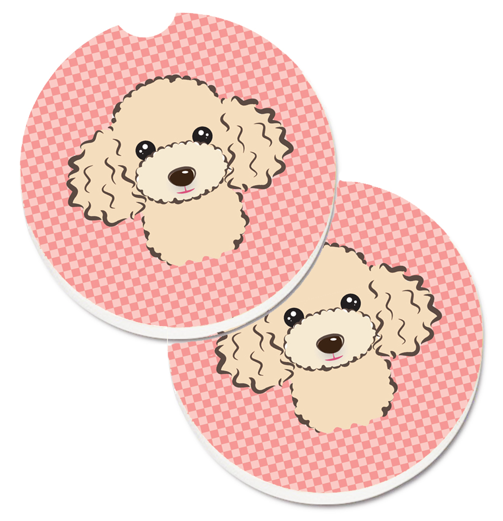 Checkerboard Pink Buff Poodle Set of 2 Cup Holder Car Coaster