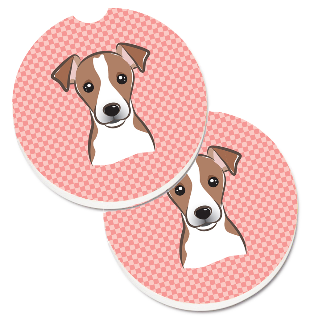Checkerboard Pink Jack Russell Terrier Set of 2 Cup Holder Car Coaster