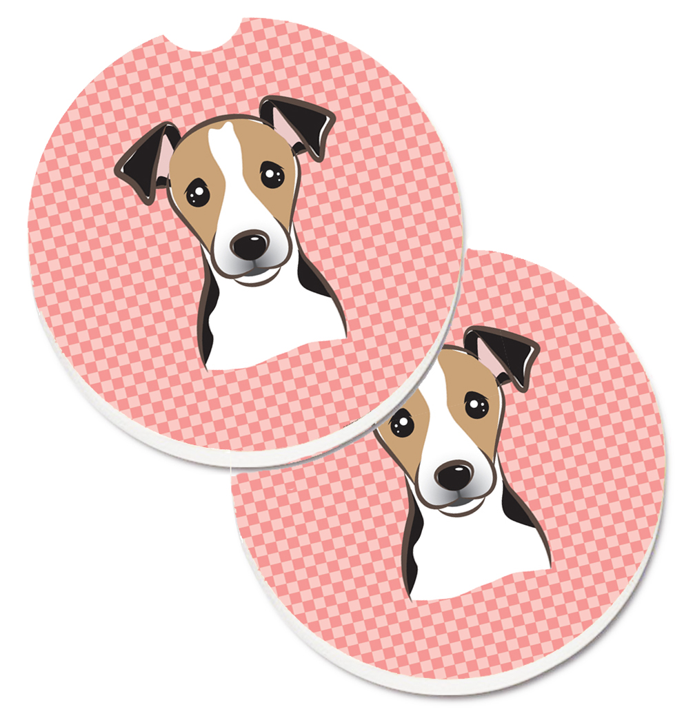 Checkerboard Pink Jack Russell Terrier Set of 2 Cup Holder Car Coaster
