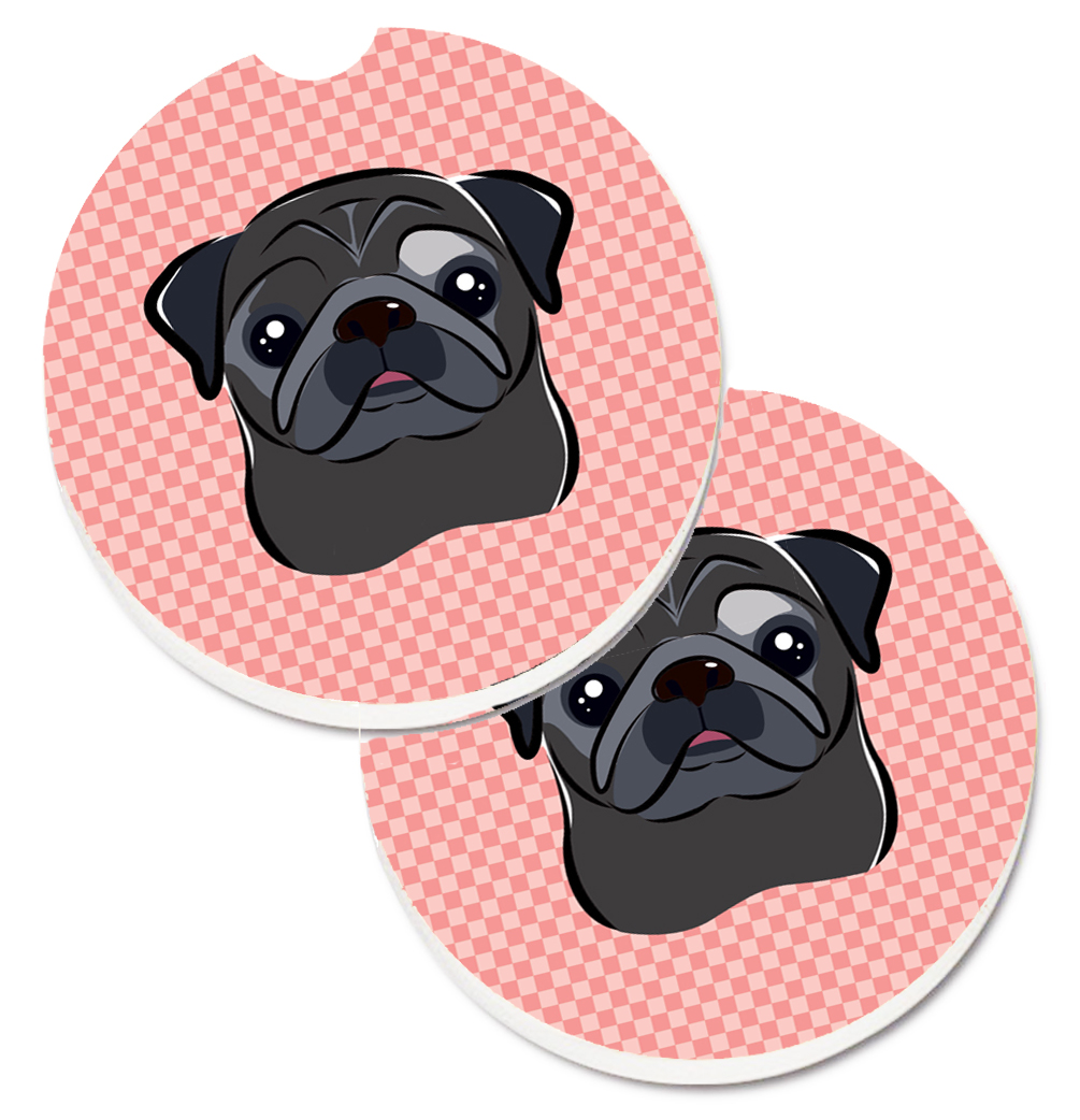 Checkerboard Pink & Black Pug Set of 2 Cup Holder Car Coaster