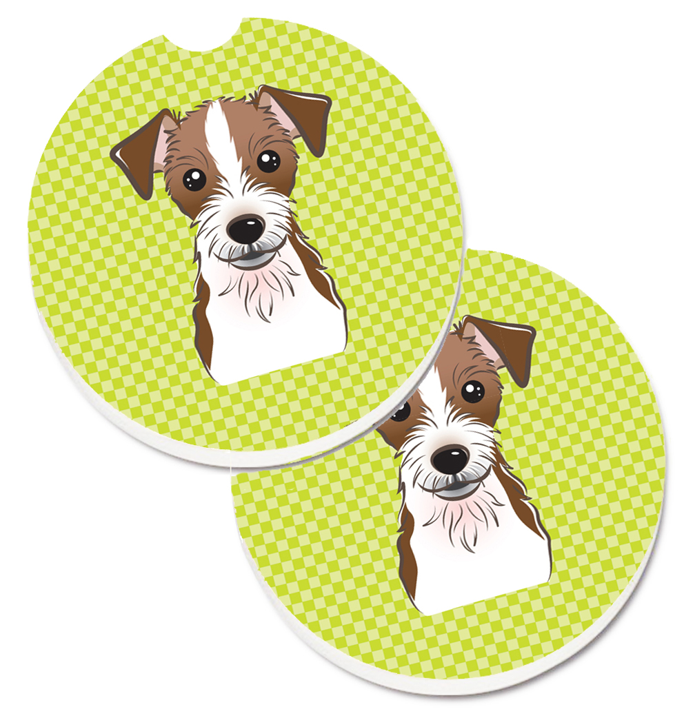BB1264CARC Checkerboard Lime Green Jack Russell Terrier Set of 2 Cup Holder Car Coaster