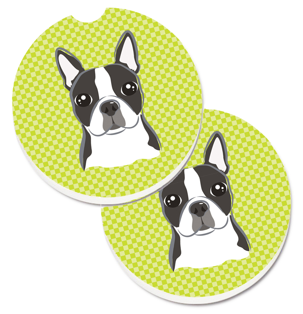 Checkerboard Lime Green Boston Terrier Set of 2 Cup Holder Car Coaster