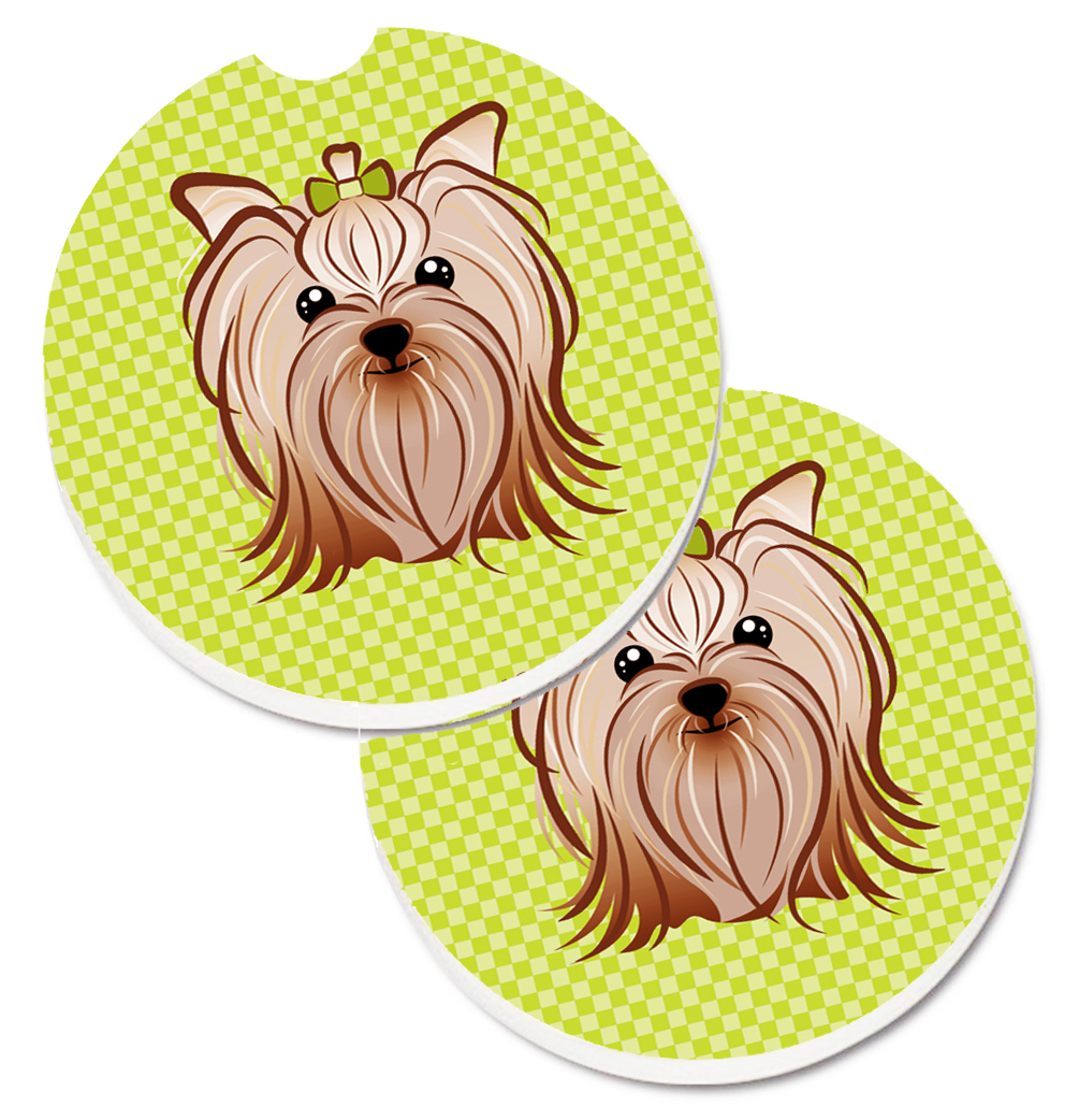 BB1266CARC Checkerboard Lime Green Yorkie Yorkishire Terrier Set of 2 Cup Holder Car Coaster