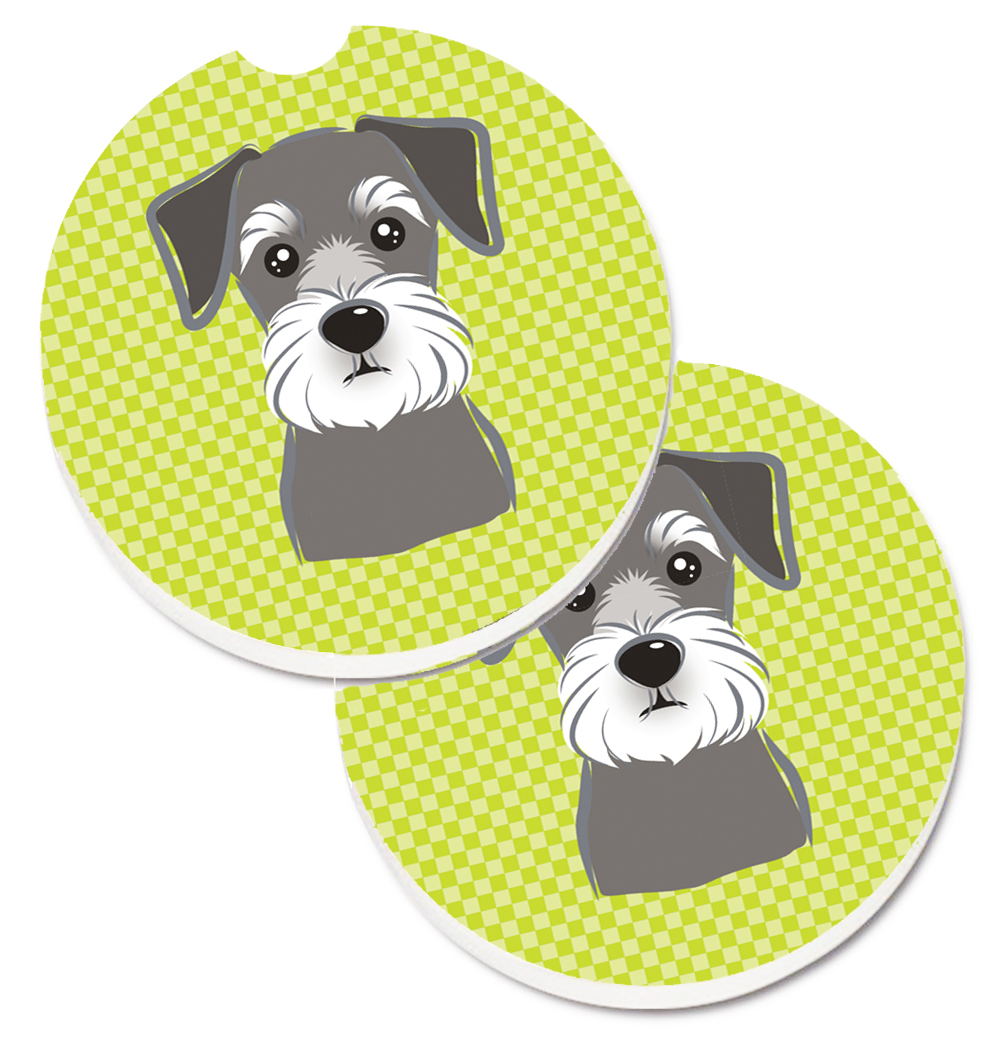 Checkerboard Lime Green Schnauzer Set of 2 Cup Holder Car Coaster