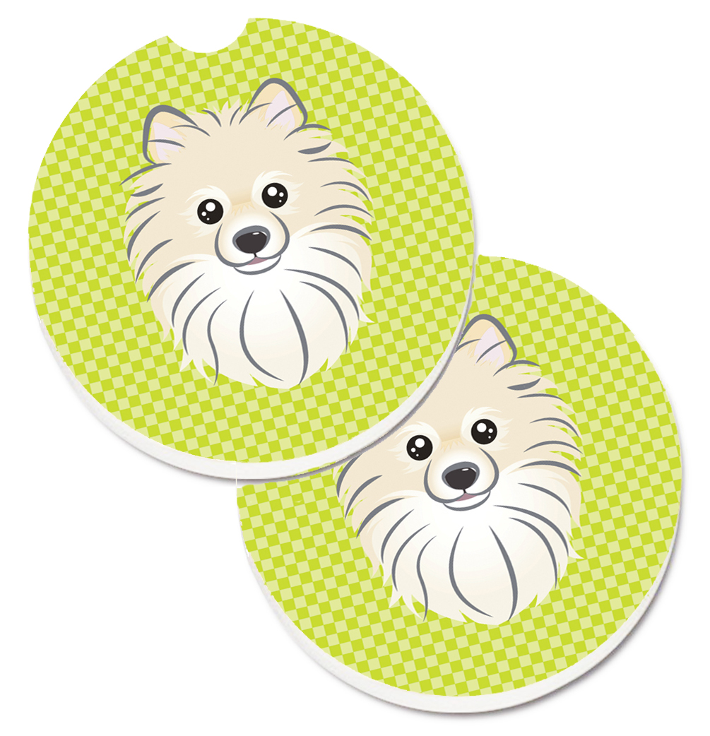 Checkerboard Lime Green Pomeranian Set of 2 Cup Holder Car Coaster