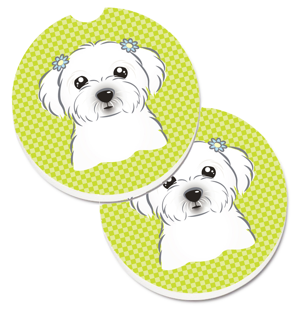Checkerboard Lime Green Maltese Set of 2 Cup Holder Car Coaster