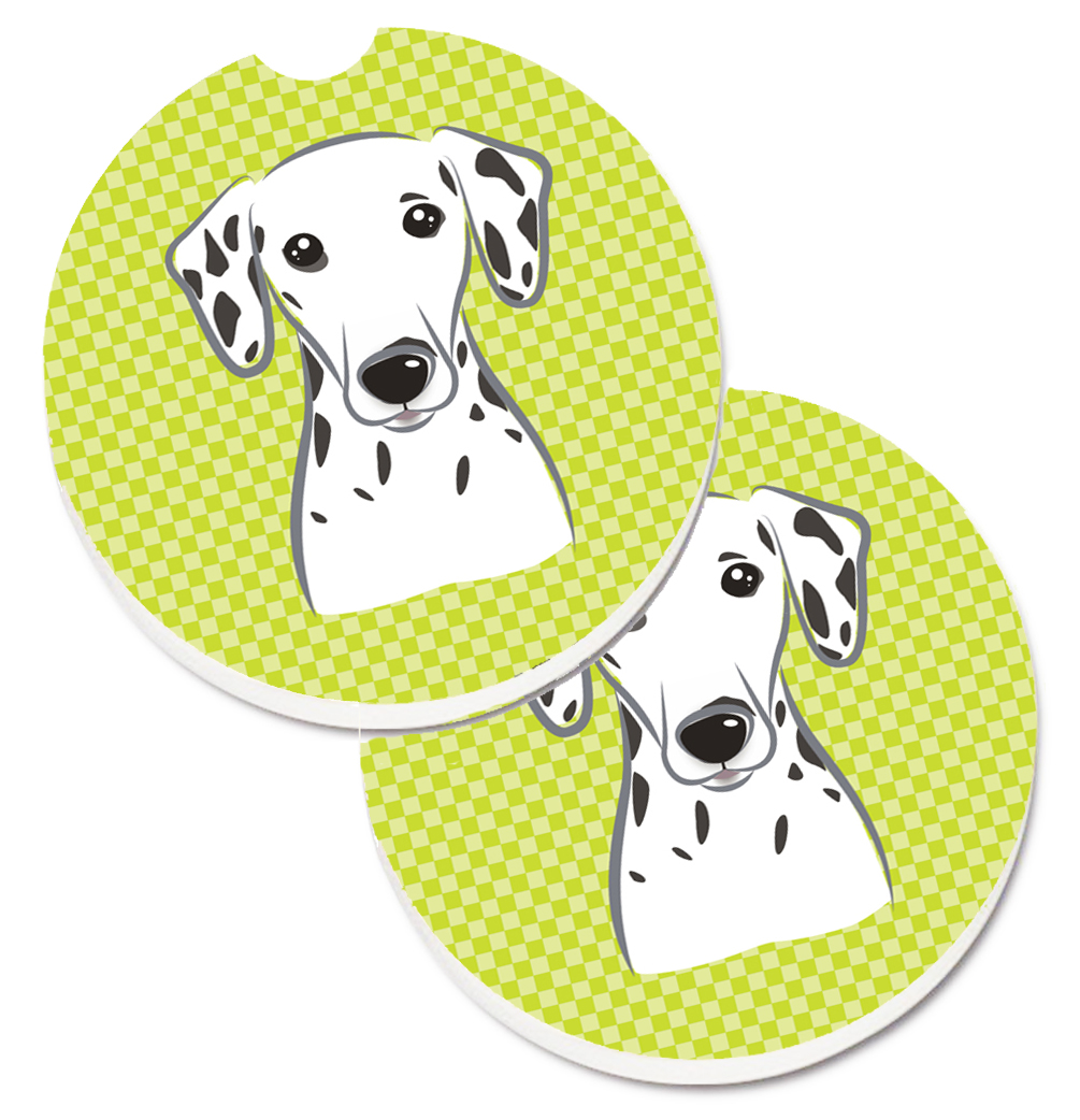 Checkerboard Lime Green Dalmatian Set of 2 Cup Holder Car Coaster