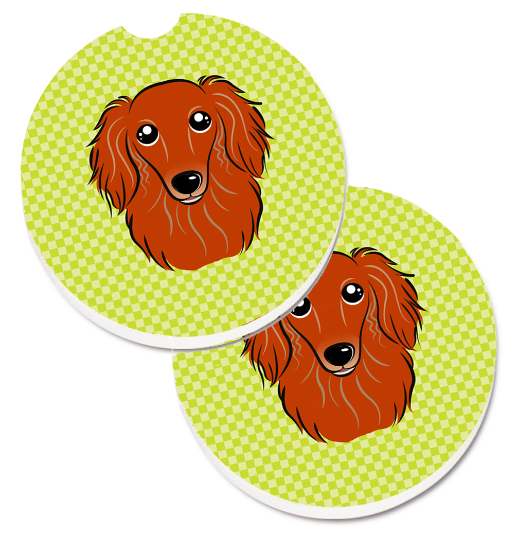 BB1276CARC Checkerboard Lime Green Longhair Red Dachshund Set of 2 Cup Holder Car Coaster