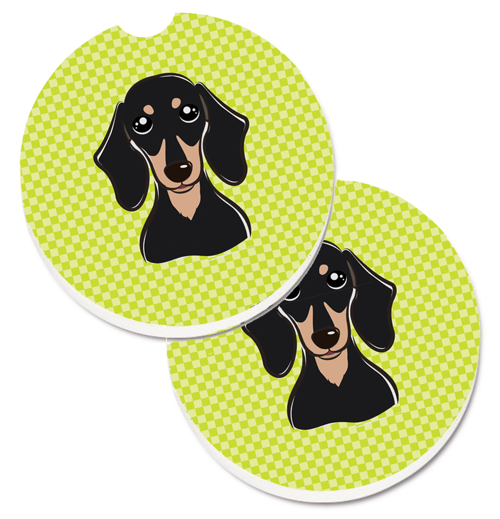 BB1277CARC Checkerboard Lime Green Smooth Black & Tan Dachshund Set of 2 Cup Holder Car Coaster