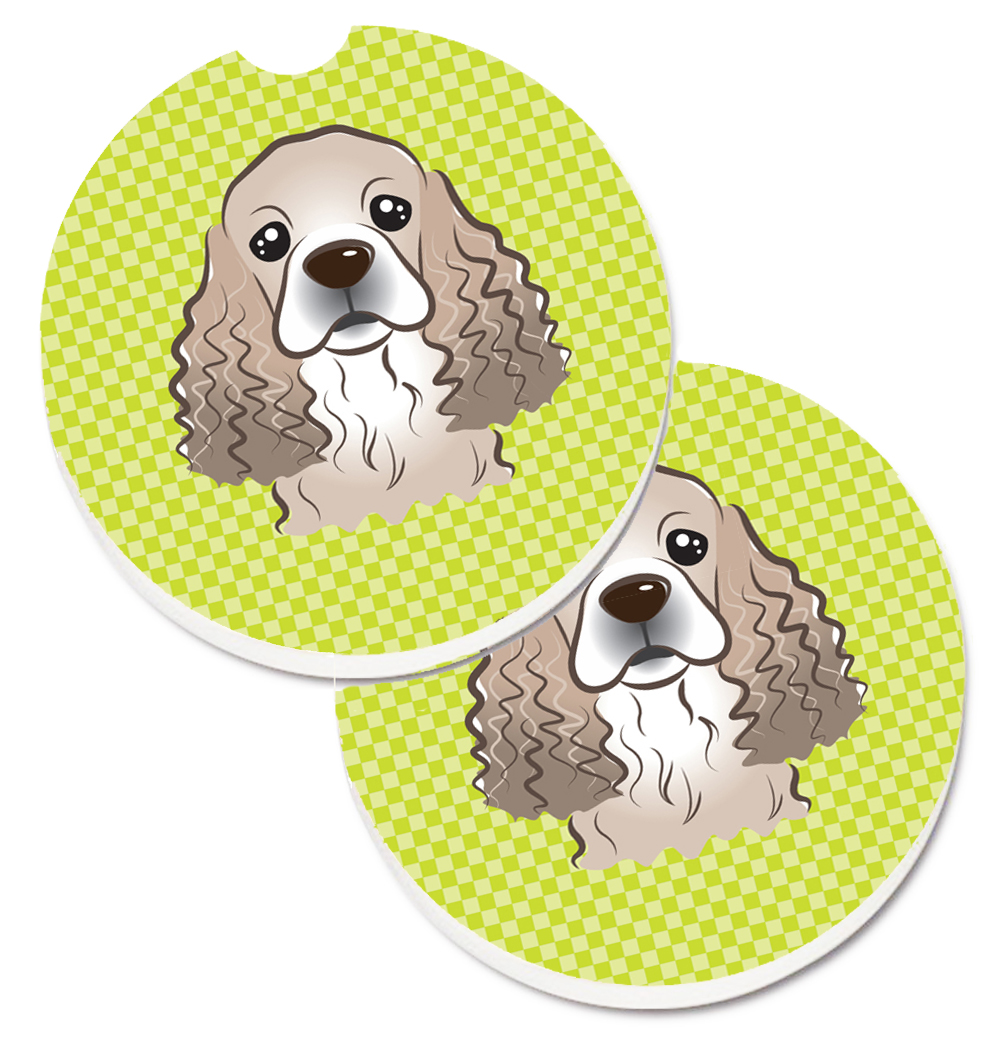 Checkerboard Lime Green Cocker Spaniel Set of 2 Cup Holder Car Coaster