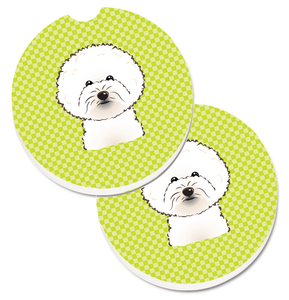 Checkerboard Lime Green Bichon Frise Set of 2 Cup Holder Car Coaster