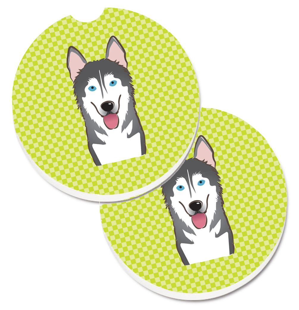 BB1280CARC Checkerboard Lime Green Alaskan Malamute Set of 2 Cup Holder Car Coaster
