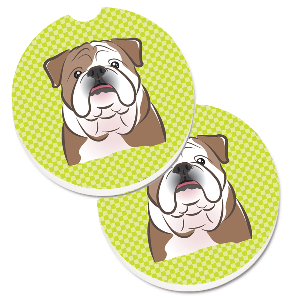 BB1281CARC Checkerboard Lime Green English Bulldog Set of 2 Cup Holder Car Coaster