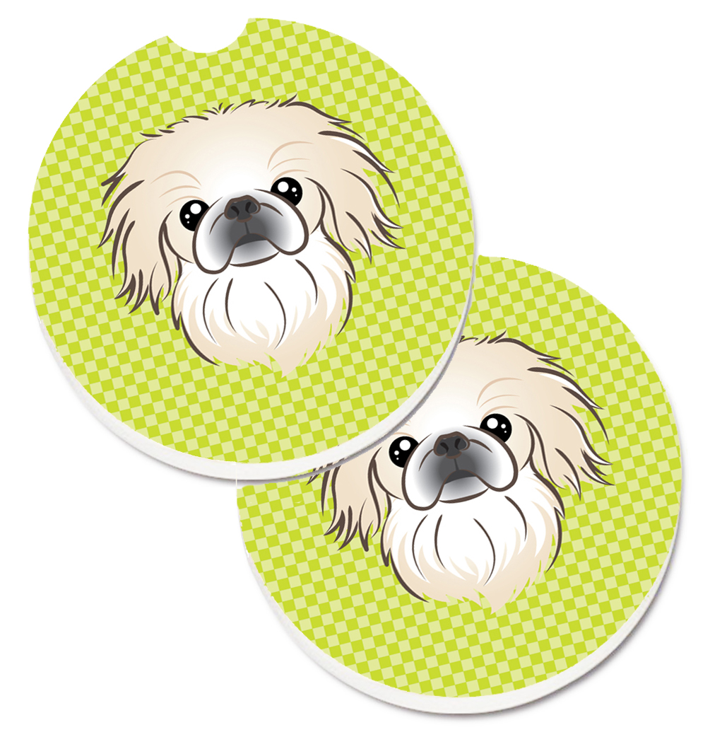 Checkerboard Lime Green Pekingese Set of 2 Cup Holder Car Coaster