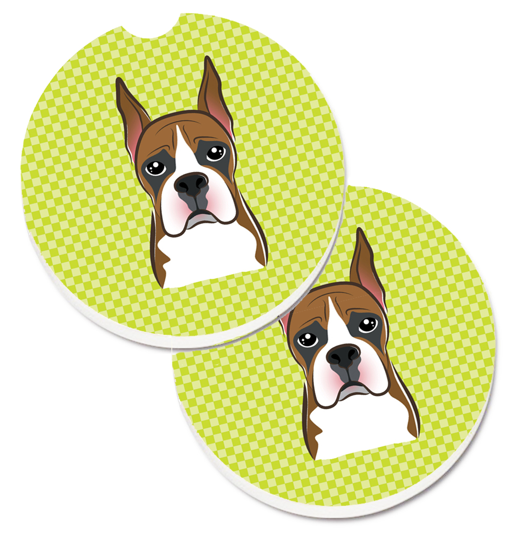 Checkerboard Lime Green Boxer Set of 2 Cup Holder Car Coaster