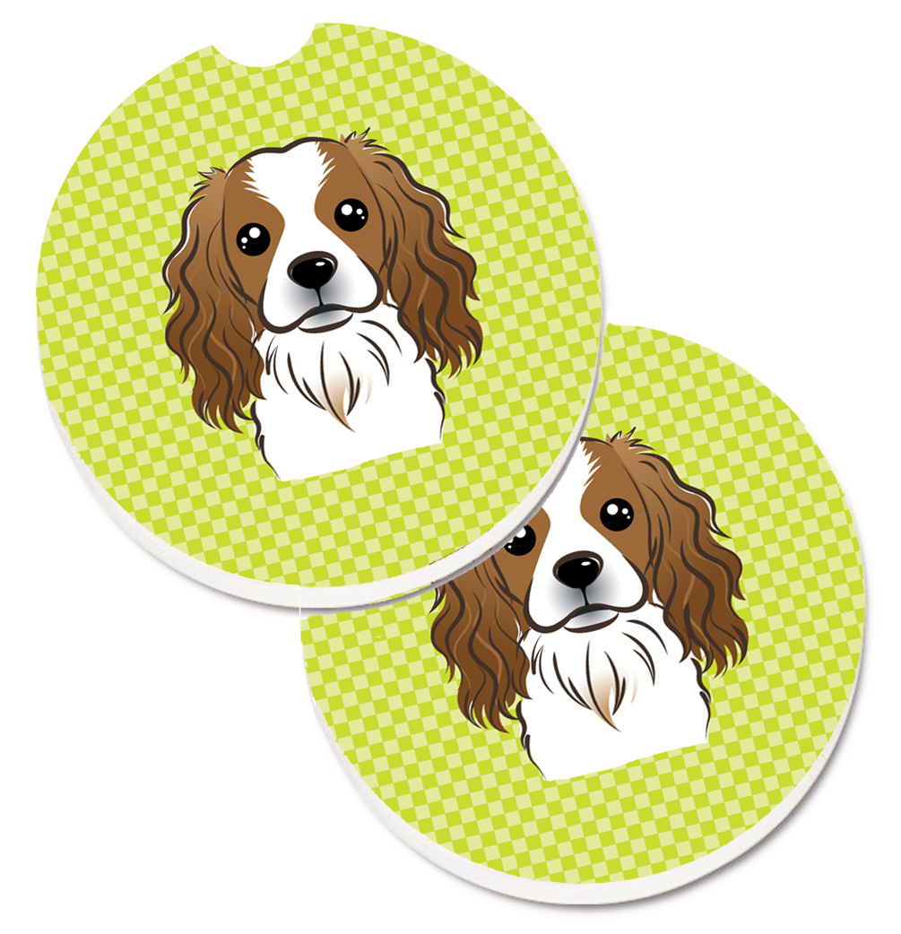 Checkerboard Lime Green Cavalier Spaniel Set of 2 Cup Holder Car Coaster