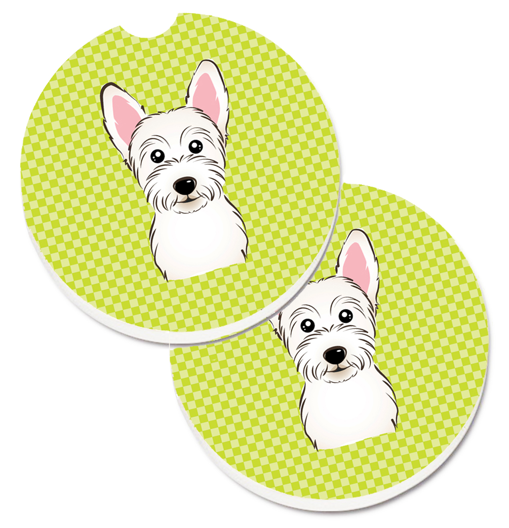 Checkerboard Lime Green Westie Set of 2 Cup Holder Car Coaster