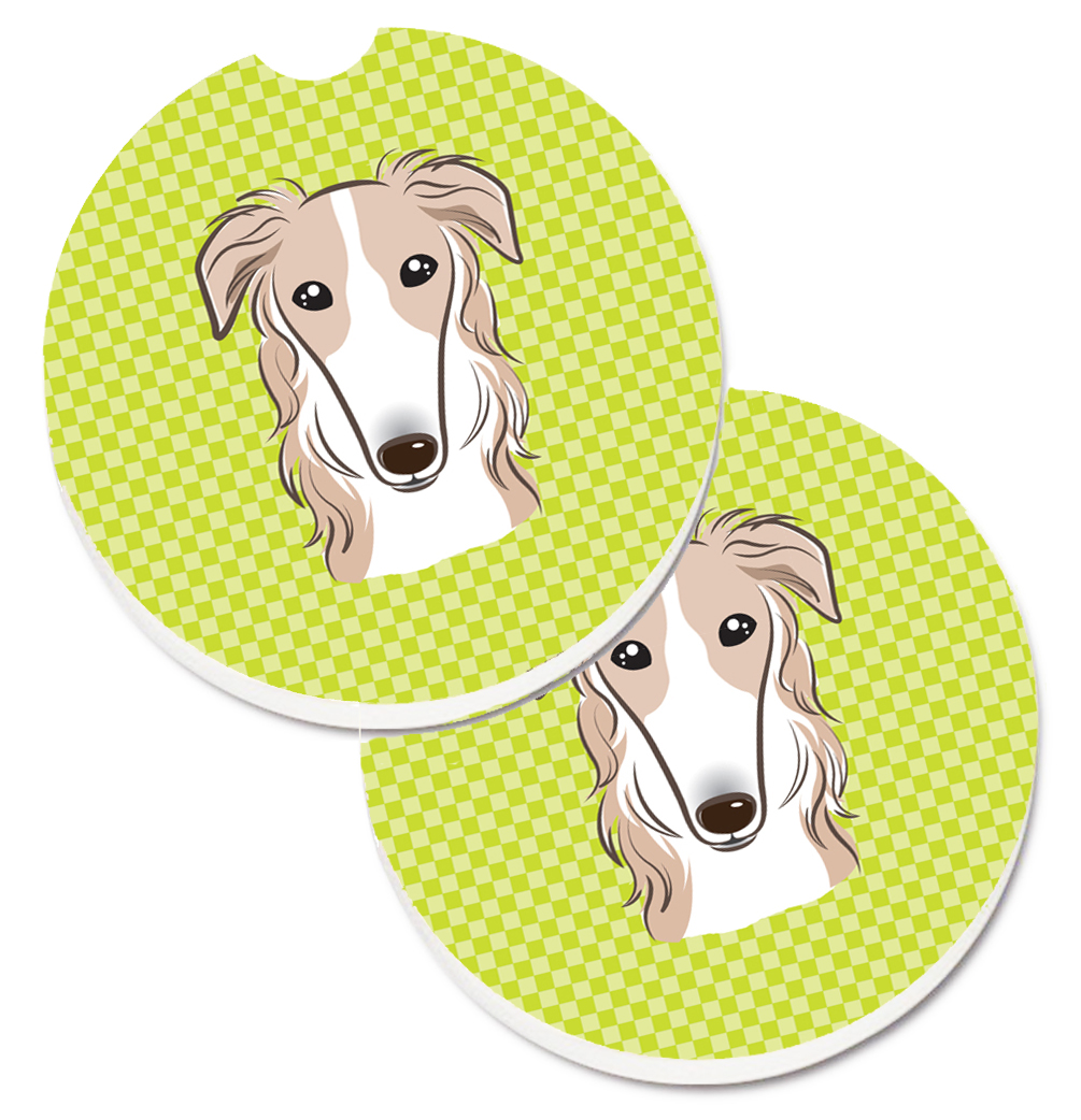 Checkerboard Lime Green Borzoi Set of 2 Cup Holder Car Coaster