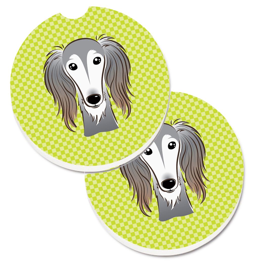 BB1291CARC Checkerboard Lime Green Saluki Set of 2 Cup Holder Car Coaster
