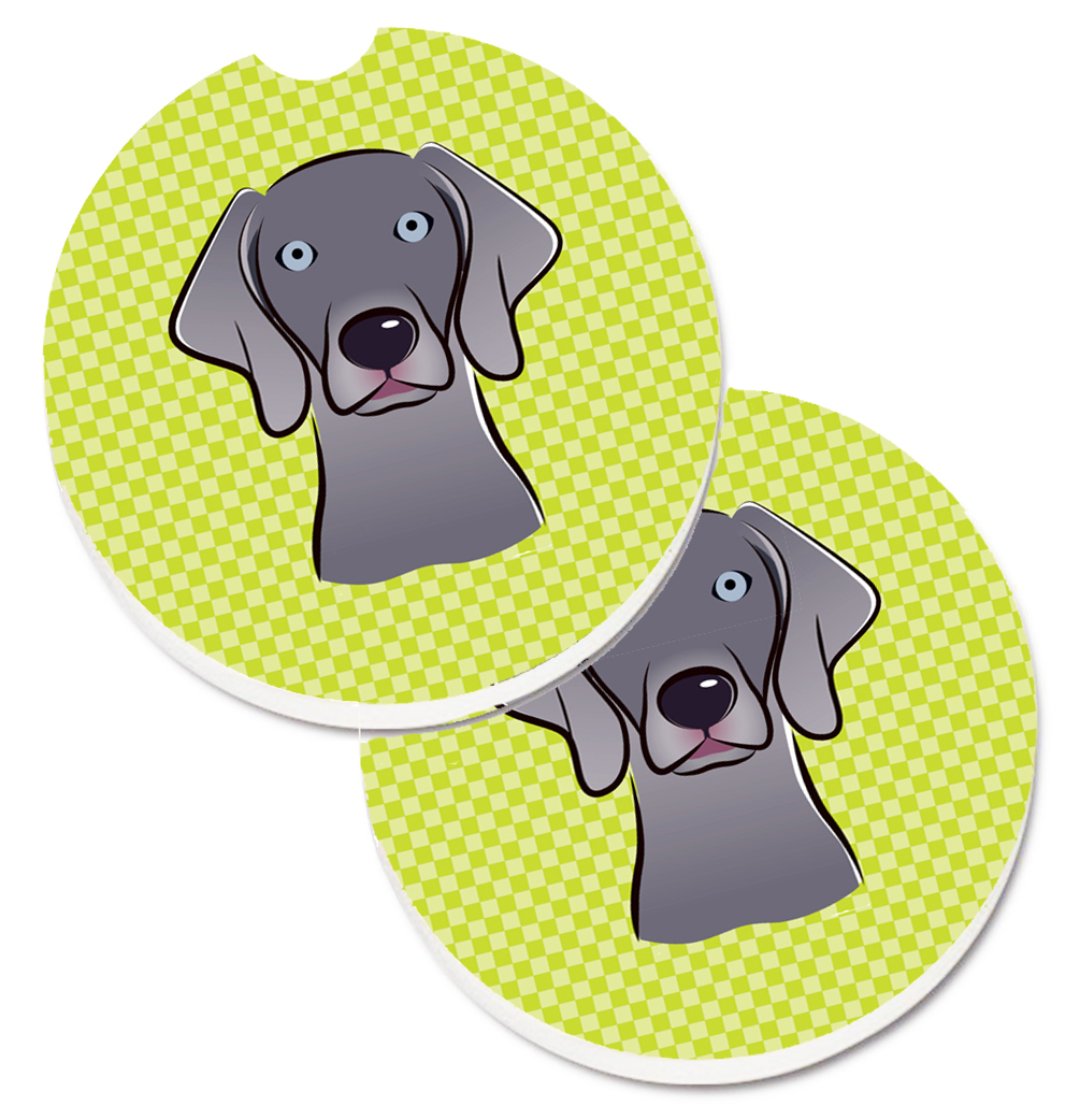Checkerboard Lime Green Weimaraner Set of 2 Cup Holder Car Coaster