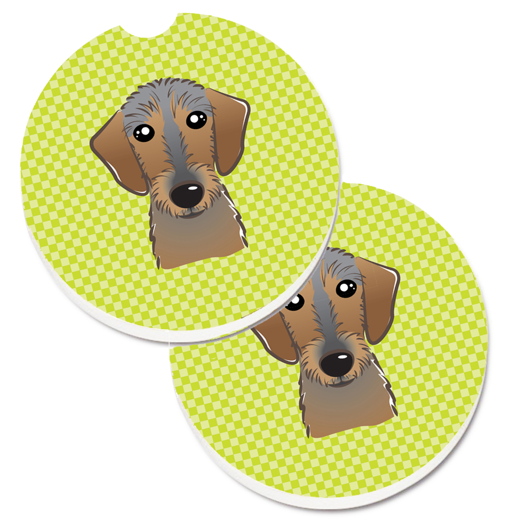 Checkerboard Lime Green Wirehaired Dachshund Set of 2 Cup Holder Car Coaster