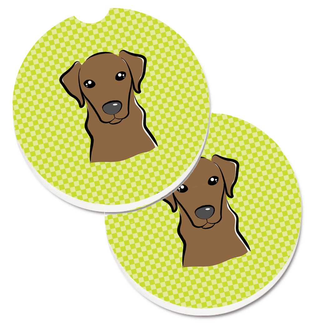 Checkerboard Lime Green & Chocolate Labrador Set of 2 Cup Holder Car Coaster
