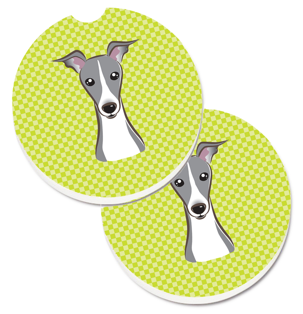 BB1298CARC Checkerboard Lime Green Italian Greyhound Set of 2 Cup Holder Car Coaster