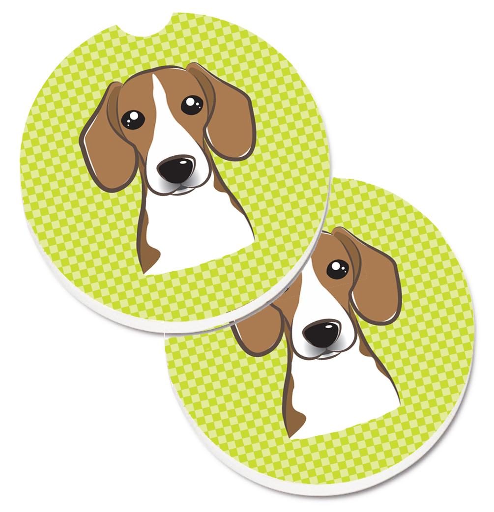 Checkerboard Lime Green Beagle Set of 2 Cup Holder Car Coaster