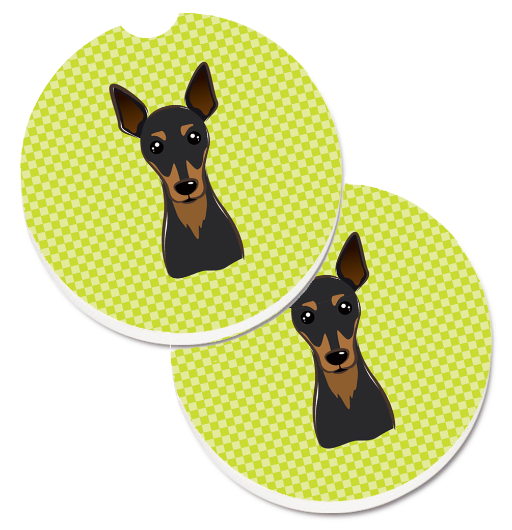 BB1302CARC Checkerboard Lime Green Min Pin Set of 2 Cup Holder Car Coaster
