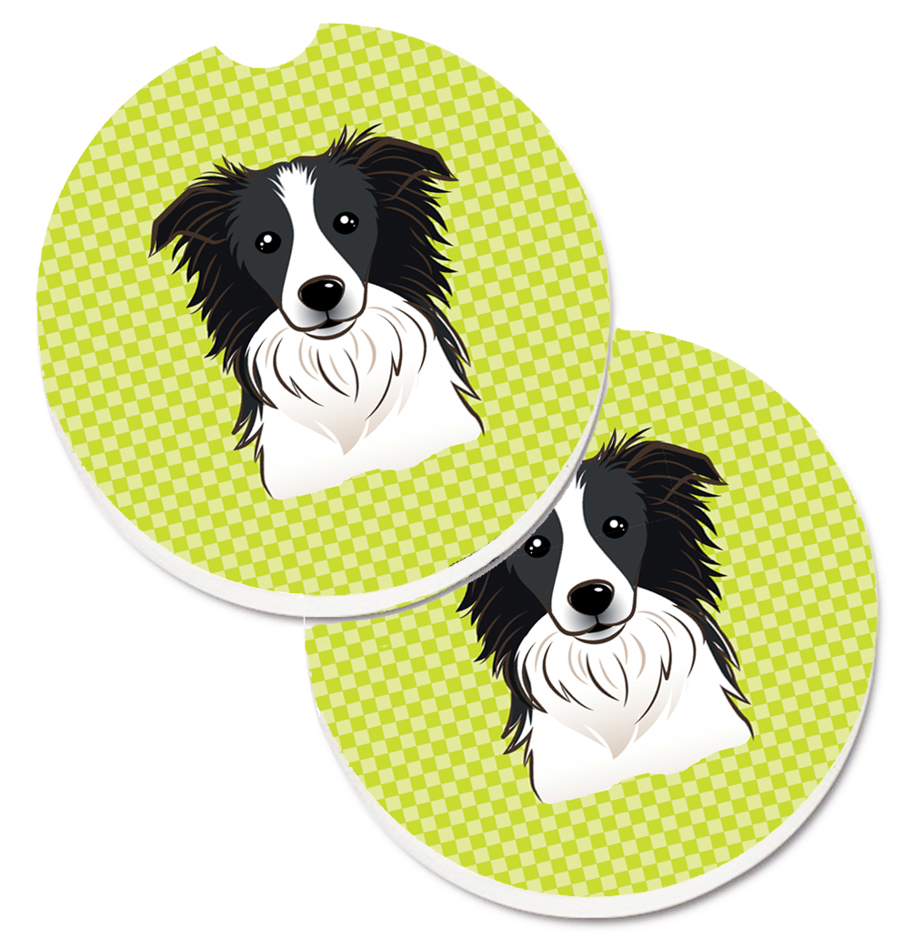Checkerboard Lime Green Border Collie Set of 2 Cup Holder Car Coaster