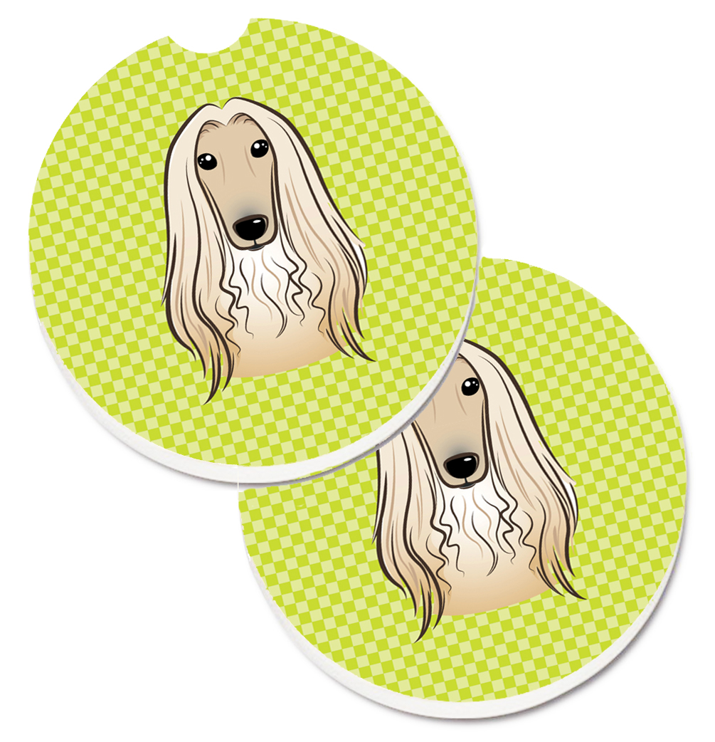 Checkerboard Lime Green Afghan Hound Set of 2 Cup Holder Car Coaster