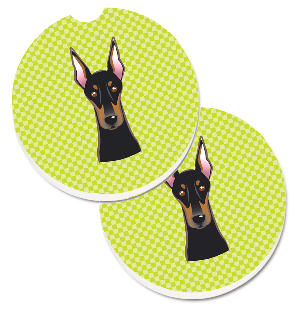 Checkerboard Lime Green Doberman Set of 2 Cup Holder Car Coaster