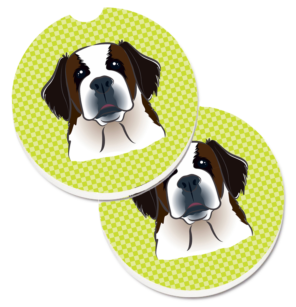 Checkerboard Lime Green Saint Bernard Set of 2 Cup Holder Car Coaster