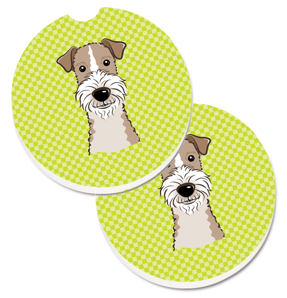 BB1309CARC Checkerboard Lime Green Wire Haired Fox Terrier Set of 2 Cup Holder Car Coaster