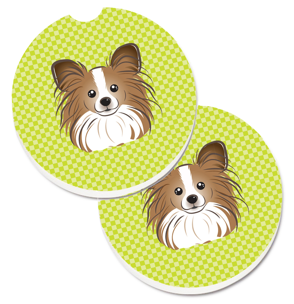 Checkerboard Lime Green Papillon Set of 2 Cup Holder Car Coaster