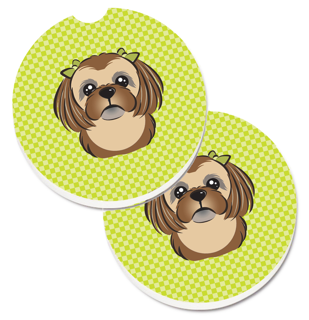 BB1311CARC Checkerboard Lime Green with Chocolate & Brown Shih Tzu Set of 2 Cup Holder Car Coaster