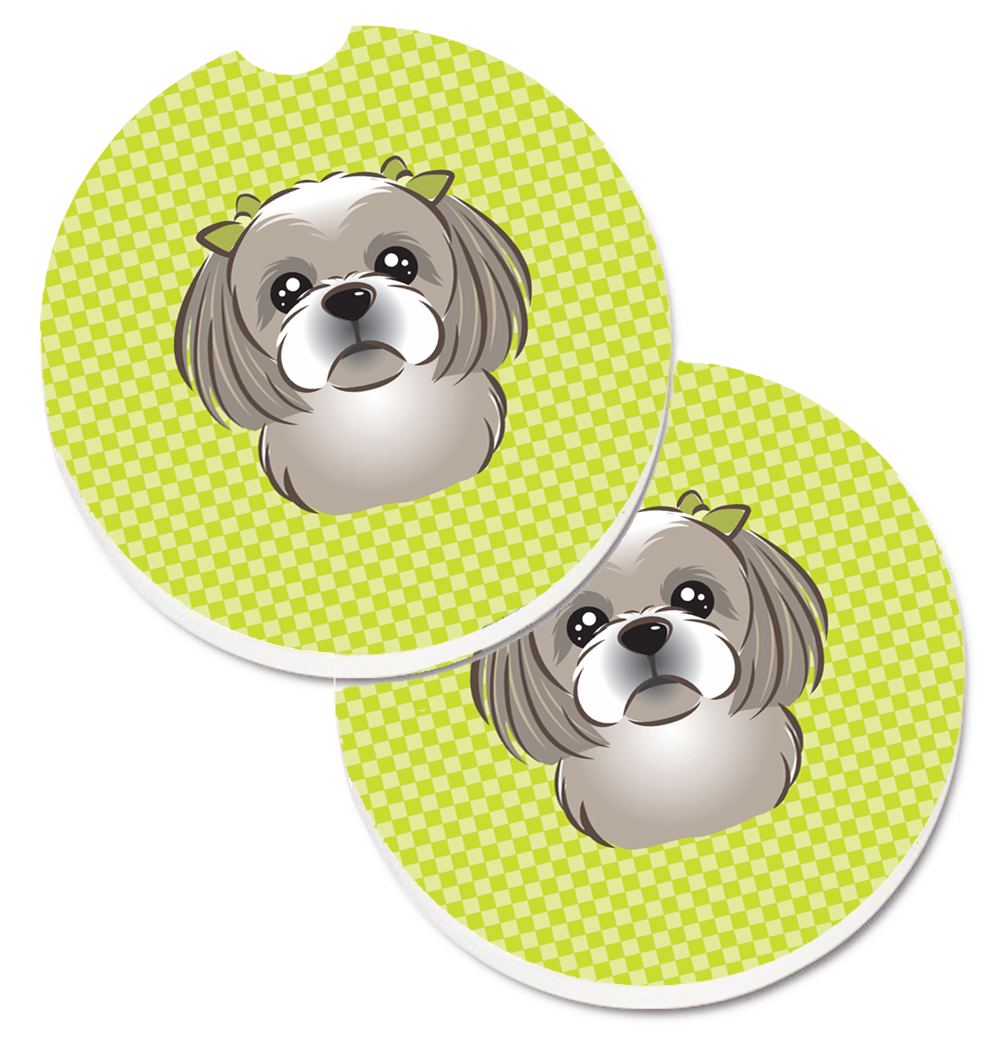 Picture of Carolines Treasures BB1312CARC Checkerboard Lime Green with Grey & Silver Shih Tzu Set of 2 Cup Holder Car Coaster