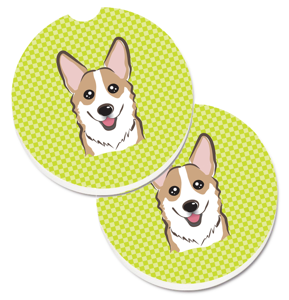 Checkerboard Lime Green Corgi Set of 2 Cup Holder Car Coaster