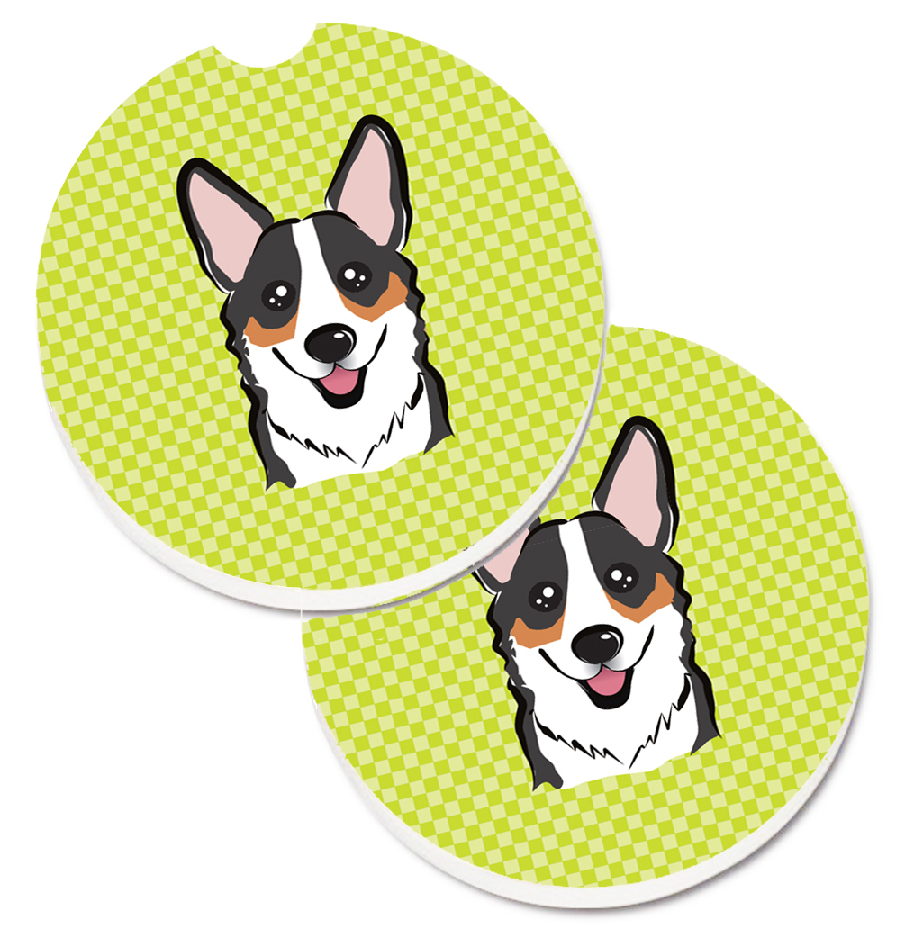 BB1317CARC Checkerboard Lime Green Corgi Set of 2 Cup Holder Car Coaster
