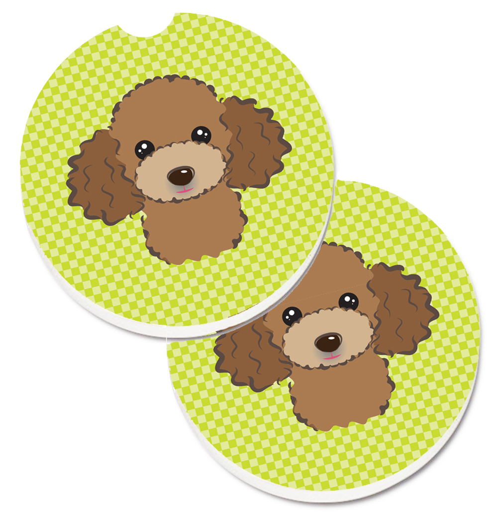BB1318CARC Checkerboard Lime Green with Chocolate & Brown Poodle Set of 2 Cup Holder Car Coaster