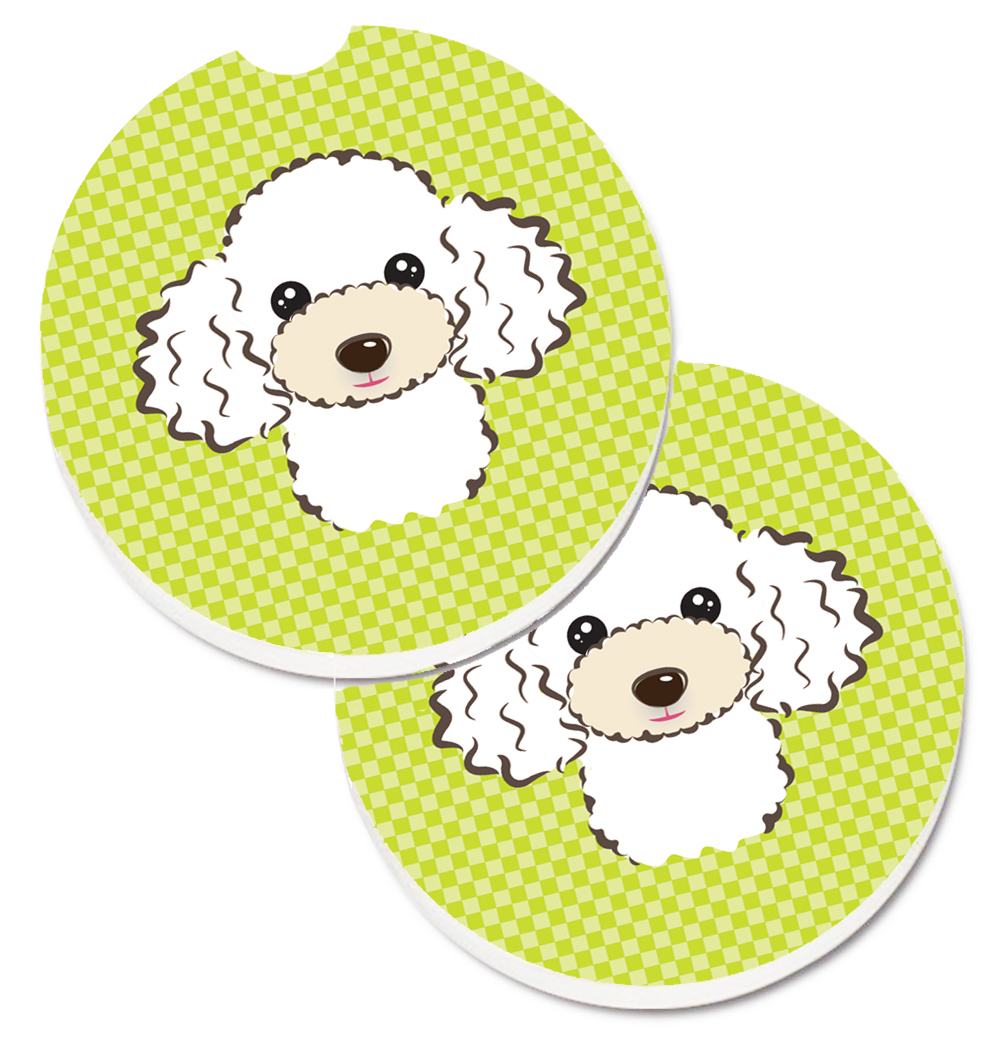 BB1319CARC Checkerboard Lime Green & White Poodle Set of 2 Cup Holder Car Coaster