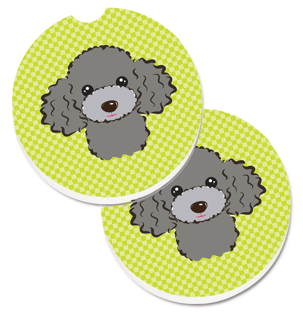 Checkerboard Lime Green Silver & Grey Poodle Set of 2 Cup Holder Car Coaster