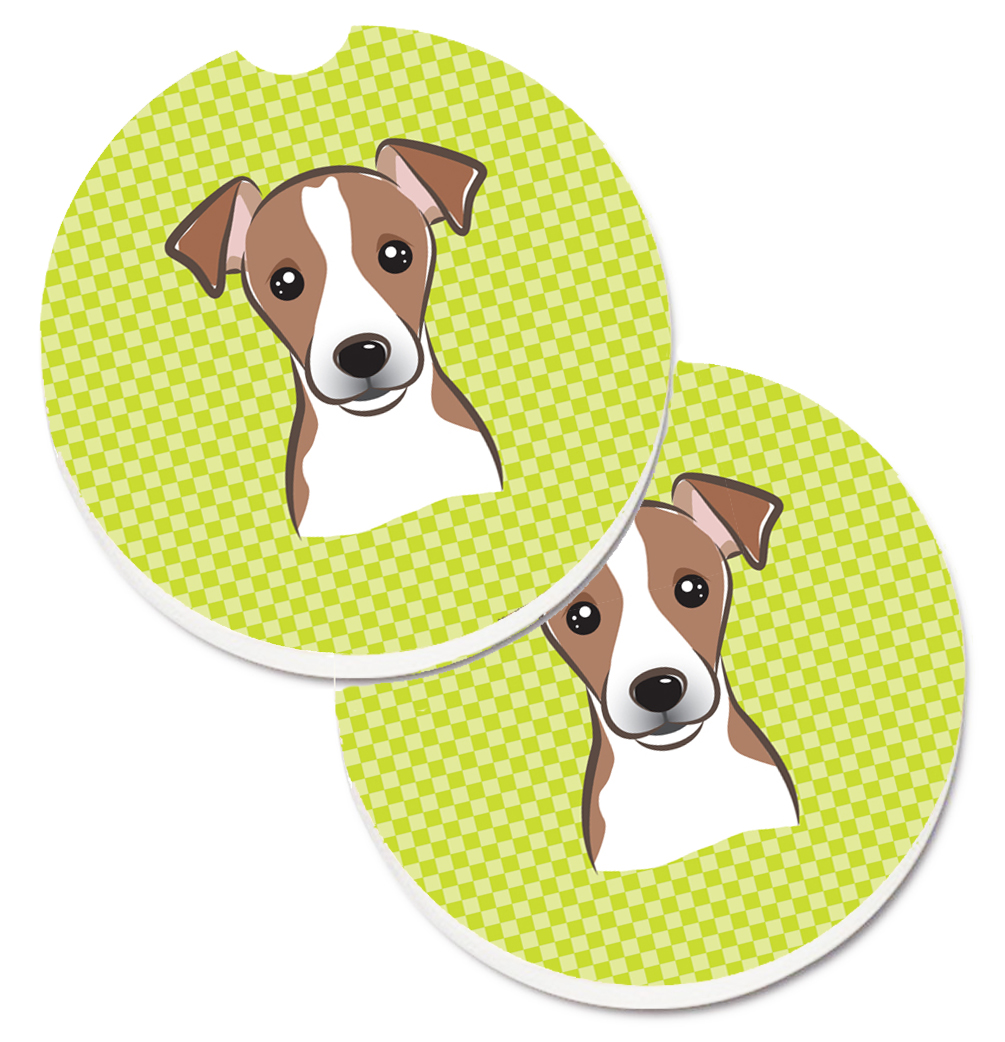 BB1322CARC Checkerboard Lime Green Jack Russell Terrier Set of 2 Cup Holder Car Coaster