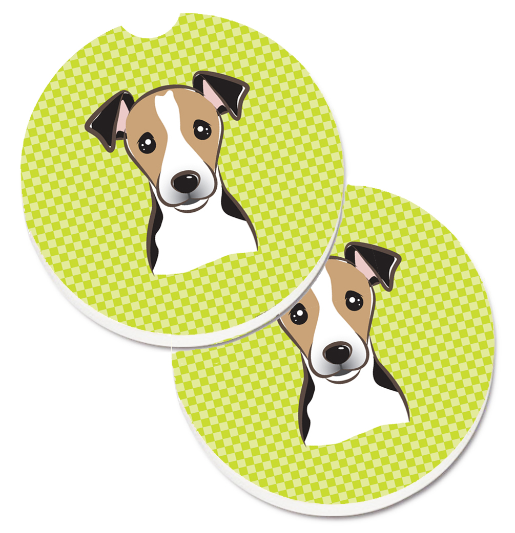 Checkerboard Lime Green Jack Russell Terrier Set of 2 Cup Holder Car Coaster