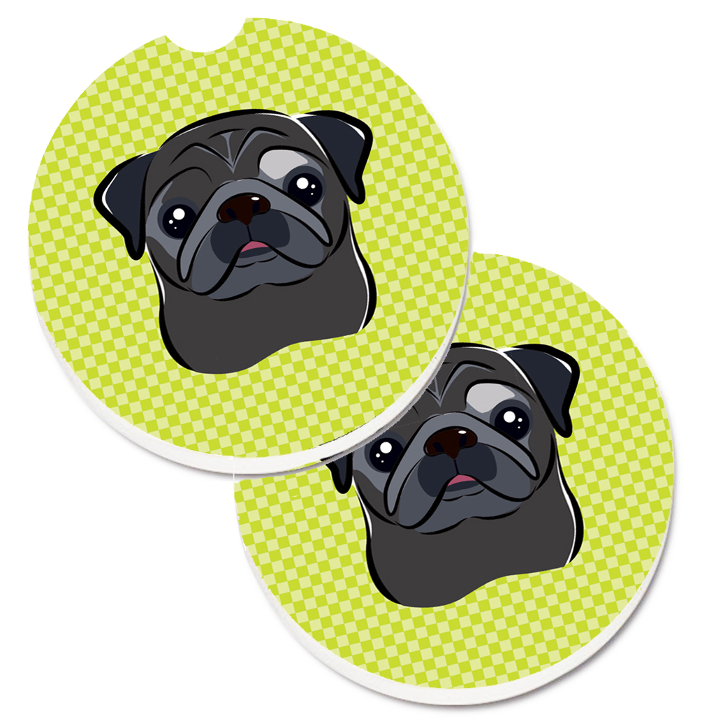 Checkerboard Lime Green & Black Pug Set of 2 Cup Holder Car Coaster