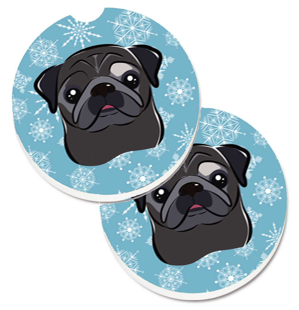 Snowflake Black Pug Set of 2 Cup Holder Car Coaster